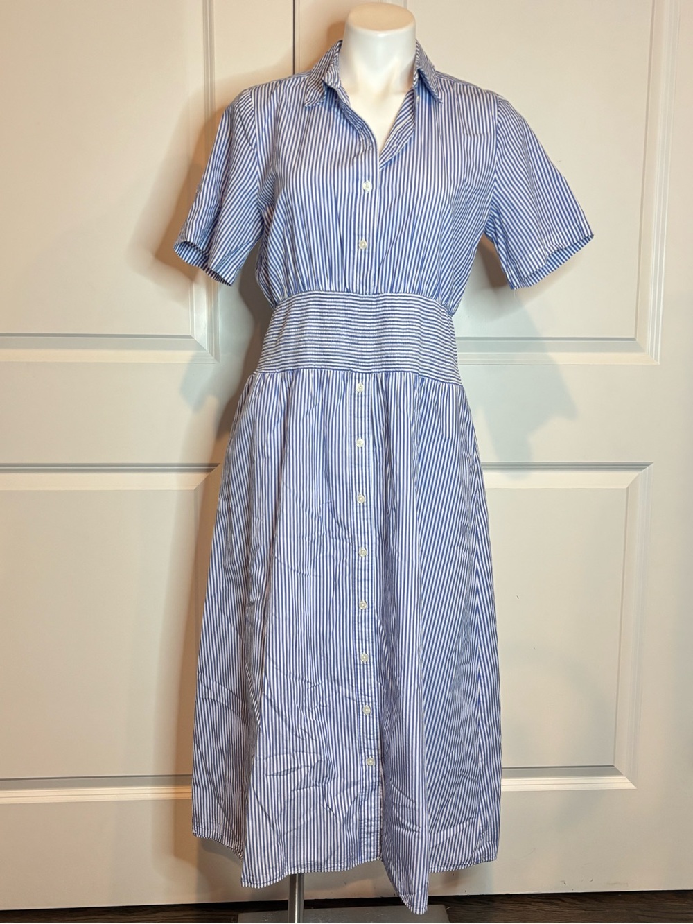 Thakoon Collective Blue White Stripe Smock Waist Midi Shirt Dress 8